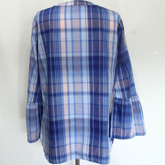 Talbots Plaid Shirt Medium Tunic Top Bell Sleeves - Picture 3 of 7